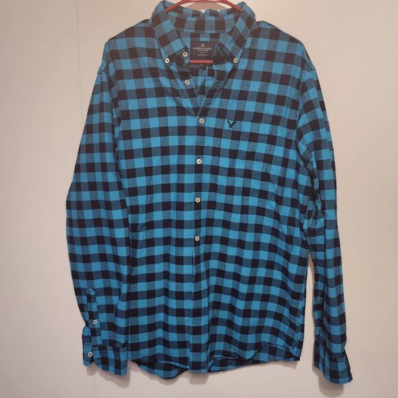 American Eagle Men’s Plaid Button Up Shirt Teal Black Long Sleeve Size XLT Tall - Picture 1 of 8